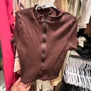 Naked Wardrobe Chocolate Zip-Up Crop Top